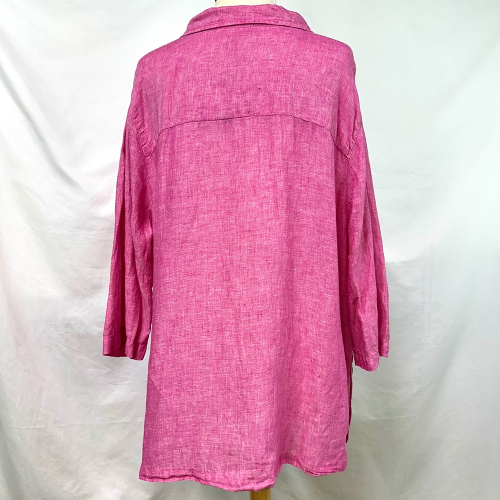 TAHARI Pink 100% Linen Tunic Top Collared Popover Side Buttons 2x Plus Lagenlook - Picture 6 of 8